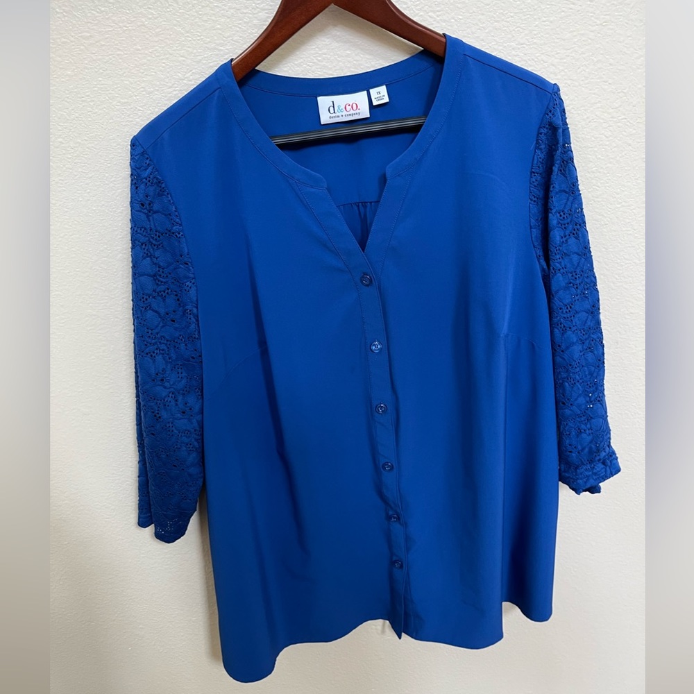 Denim & Co Blue 1X Blouse Top Shirt Lace Sleeves